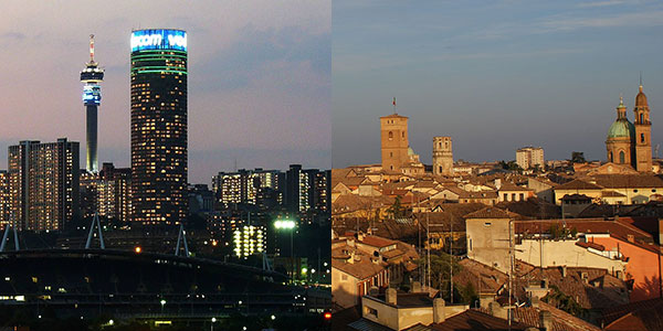 Johannesburg SA left and Reggio Emilia Italy skylines depict the MoU signed between GCRO and Reggio Emilia